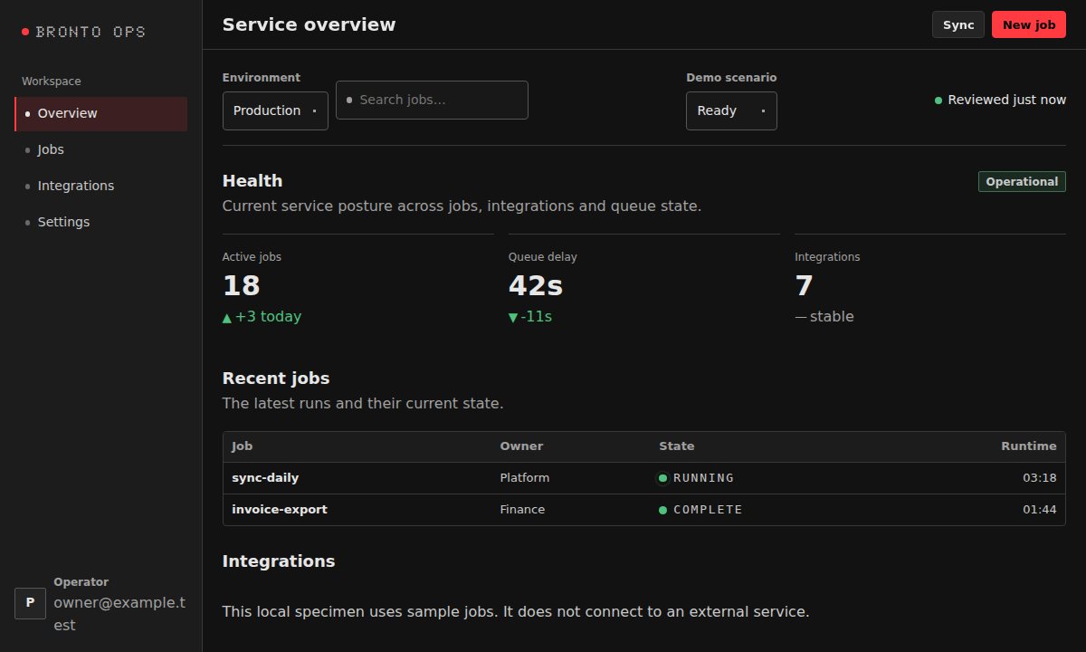 Dark service dashboard with workload metrics, operational states, and a table