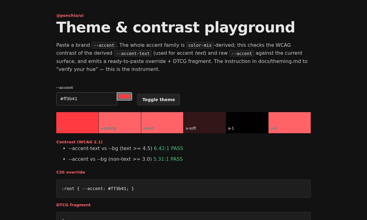 Dark theme playground with a red accent palette and contrast calculations